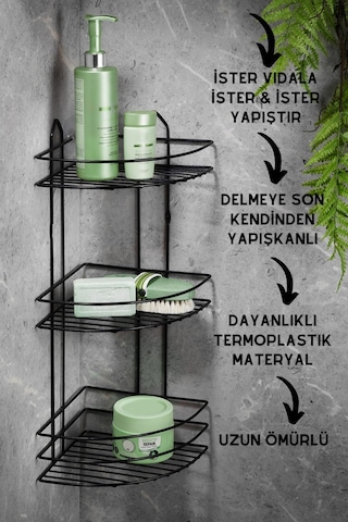 3 Katlı Siyah Yapışkanlı Banyo Köşeliği Düzenleyici, Şampuanlık, Paslanmaz Metal Köşelik Duş Rafı - EK-03