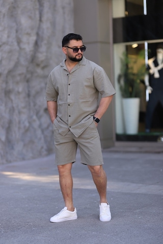 Çağla Yeşili Renk Gömlek Şort Erkek Keten Takım Oversize Kalıp