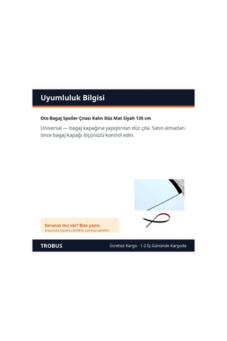 Trobus Oto Bagaj Spoiler Çıtası Kalın Düz Mat Siyah 135 Cm
