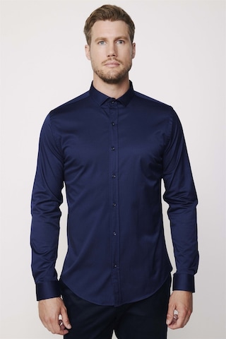 Tudors Slim Fit Likralı Düz Pamuk Saten Erkek Lacivert Gömlek-27442-lacivert Lacivert
