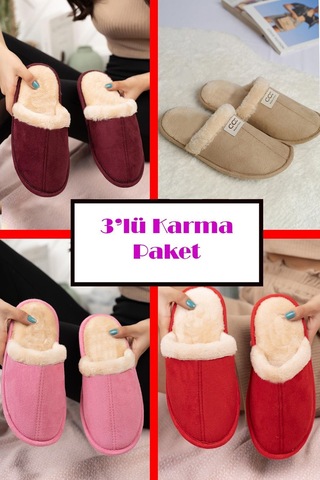 3 Lü Avantajlı Paket Kışlık Peluş Desenli Sessiz Ortopedik Taban Çeyiz Misafir Ev Terliği Seti 3'lü Ucc Terlik