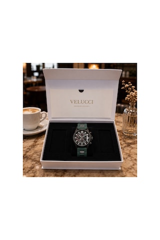 Velucci Çınar Silikon Kordon Erkek Kol Saati Yeşil Siyah Kadran Sport Analog Takvimli