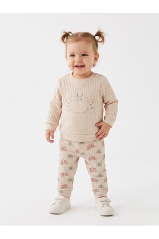 HelloBaby Pamuklu Kelebek Detaylı Taytlı 2li Kız Bebek Takım Krem