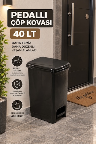 Porsima 0122-1 Slim Pedallı Çöp Kovası 40 Lt Siyah Taşınabilir Taşıma Kulplu Büyük Boy Mutfak Çöp Kovası