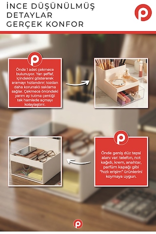 Tek Çekmeceli Masa Üstü Mini Organizer - Takı Ve Makyaj Düzenleyici - Ofis Kırtasiye Kutusu Krem