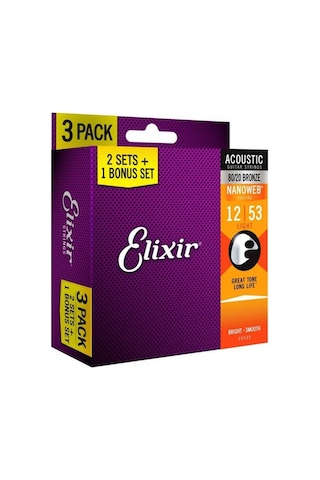 Elixir 16539 Nanoweb Bronze 3'Lü Akustik Gitar Teli 12-53