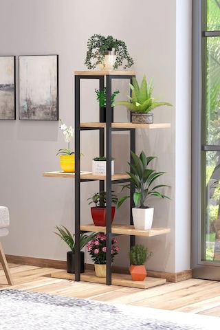 Modern Tasarımlı 5 Raflı Saksılık Metal Çiçek Rafı Çiçeklik Atlantik Çam