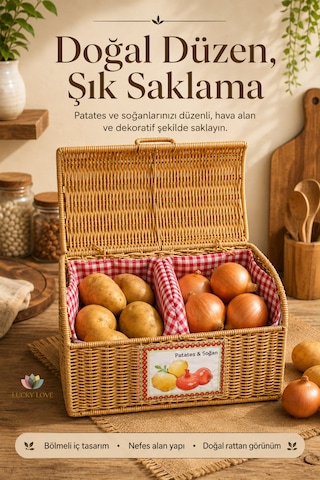 Rattan Bölmeli Patates Soğanlık Kapaklı Mutfak Saklama Sepeti Çıkarılabilir Astarlı Bej