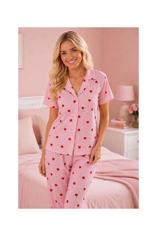 Fit Women Çizgili Kalp Desenli Bürümcük Kumaş Pijama Takımı 4643-pembe