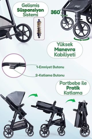 Prego Stein Çift Yönlü Portbebeli Travel Sistem Bebek Arabası Uv Tenteli