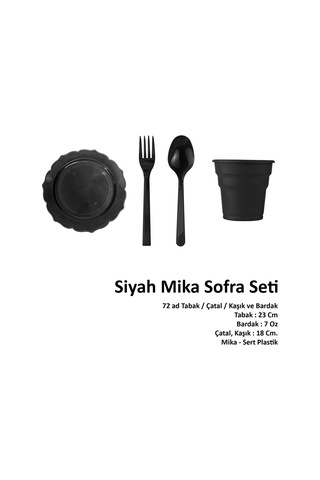 Omeyva 23 Cm. Mika Siyah Şık Parti Piknik Seti - 72 Kişilik Tabak Bardak Çatal Kaşık Takımı