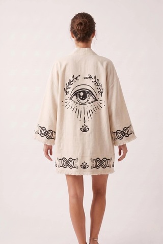 Rovebella Mistico Keten Dokulu Kısa Kimono Krem