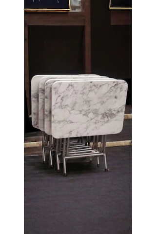 Harmony Katlanabilir Beyaz Mermer Zigon 4'lü Sehpa Takım Paslanmaz Gri Metal Ayaklı Mermer Beyaz