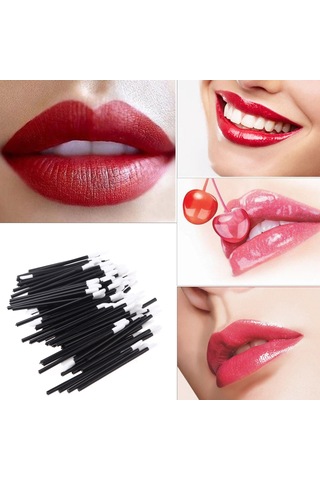 Hfambition Tek Kullandım植绒 Dudak Fırçası 100 Adet, Beyaz Uç Siyah Çubuk, Hijyenik Makyaj Gereci, 9 Cm Uzunluk