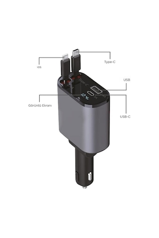 Torima G16 120w Süper Hızlı Şarjlı Transmitter Araç Şarj Cihazı Çift Type-c & Lightning Kablo, Dijital Göstergeli, 80cm Kablo