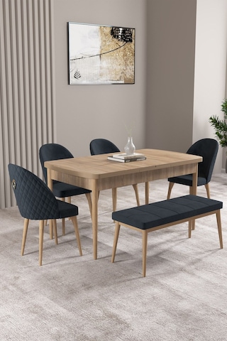 Milas Meşe Desen 80x132 Mdf Açılabilir Mutfak Masası Takımı 4 Sandalye, 1 Bench Antrasit