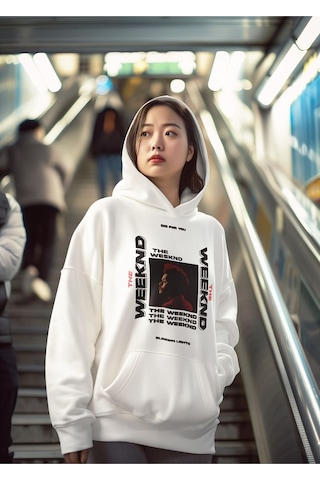 The Weeknd Die For You Baskılı Unisex Oversize Rapper Hoodie Beyaz