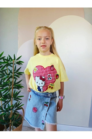 Superbaby Kız Çocuk Hello Kitty Temalı İkili Takım - Krem Nakışlı Tişört Ve Aksesuarlı Denim Şort Etek Kombini Sarı