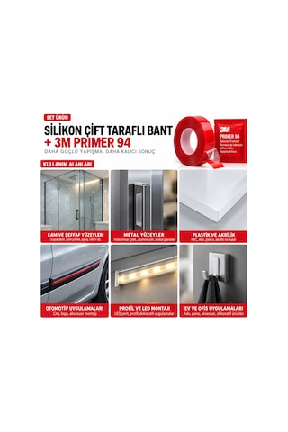 Silikon Çift Taraflı Bant 10adet 9mm X 5m + 10adet 3m Primer 94 Yapışma Güçlendirici Set