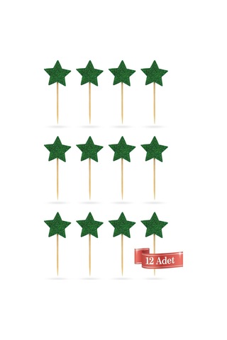 Beyaz-yeşil Çift Taraflı Yıldız Simli Kürdan Cupcake Toppers Cupcake Çubuğu 12'li