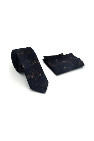 Gaffy Kahverengi Desenli Lacivert Dokuma Kumaş Mendilli Slim Fit Kravat // Sdk-2613-5 Kahverengi