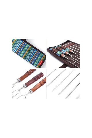 Wondernest Açık Piknik Paslanmaz Çelik Barbekü Seti, U Şeklinde İğne Çatal, Ahşap Saplı 7 Parça Çok Renkli Çok Renkli