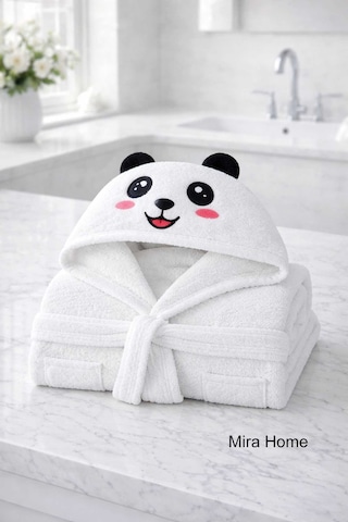 Sevimli Panda Nakışlı Beyaz Pamuklu Kapşonlu Çocuk Bornozu Renkli
