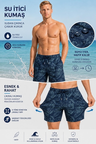 Miami Beach Uzun Boy Model Su İtici Özellikli Esnek Kumaş Dijital Baskılı Erkek Plaj Deniz Şort Mayo // 405 Lacviert