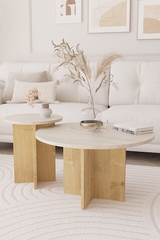 2 Li Orta Sehpa Seti, İskandinav Stil, Bohem, 72 Cm, 40 Cm - Traverten & Safir Meşe
