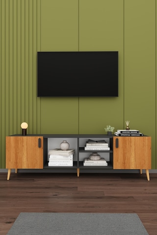 Asra Trend Tv Ünitesi T-13 %100 MDF 180 cm Tv Sehpası Dolaplı Raflı Petra-Koyu Gri
