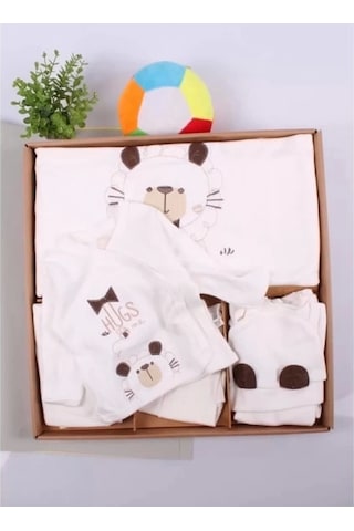 Ayıcık Desenli 10 Parça Kutulu %100 Pamuk Erkek Bebek Hastane Çıkışı Kahverengi