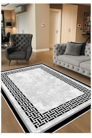 STY Home Siyah Dijital Baskı Salon Halısı Kaymaz Tabanlı Yıkanabilir Halı Yolluk 508 Siyah