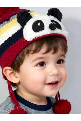 Bay Şapkacı - Sevimli Panda Tasarımlı Unisex Çocuk Kışlık Bere - 5900 Kırmızı