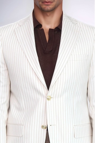 Ekru Çizgili Keten Dokulu Gold Renk Metal Düğmeli Slim Fit Erkek Blazer Ceket Wessi Beige