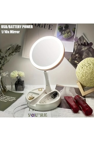Monozone 10x Katlanabilir Çift Taraflı Usb Vanity Led Işıklı Makyaj Aynası Beyaz