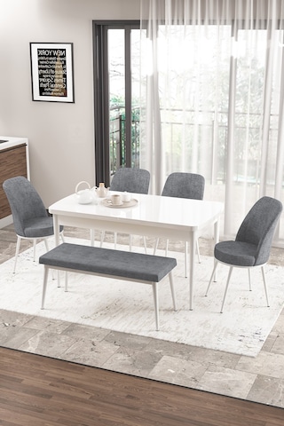 Canisa Concept Zen Serisi 80x132 Mdf Açılabilir Beyaz Masa Takımı 4 Gri Sandalye Ve 1 Bench Beyaz Masa Sandalye Ve Bench Gri