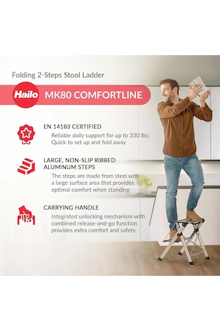 Mk80 Comfortline Alüminyum Katlanır Merdiven - 150 Kg'a Kadar 2 Büyük Basamak - Entegre Kilit Açma Fonksiyonlu Taş Diğer