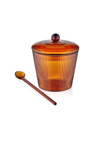 The Mia Striped Cam Kaşıklı Şekerlik Amber 10x12 Cm Cam0436