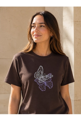Yubisititch Tshirt Nakış İşlemeli 2li Kelebek- Penye -kahverengi