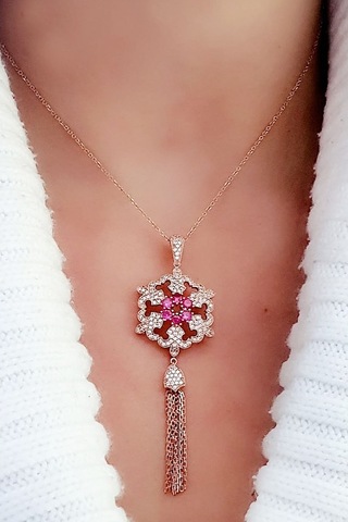 Zirkon Taşlı 925Ayar Gümüş Rose Tasarım Lüks Kolye