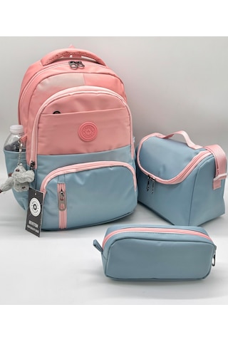 İlk Okul Çantası 3'lü Seti Unisex Çocuk İlkokul Çantası Bvt-8010 Pudra-mavi Mavi