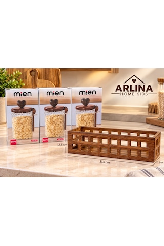 3 Lü 760 Ml Cam Kavanoz & Akasya Stand Seti Cam - Şeffaf