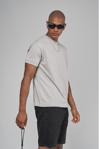 King Brich Slim Fit Kalıp Kolu Ribanalı Basic %100 Pamuklu Tişört Gri
