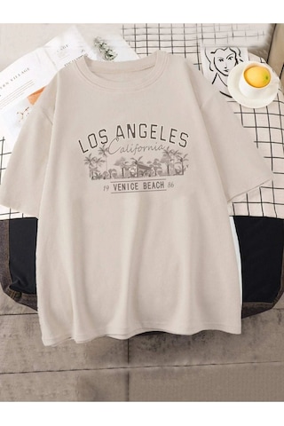 Altamira Unisex Bej Los Angeles Baskılı Oversize T-shirt 001