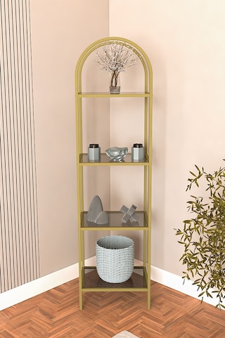 Mona Gold Köşe Kitaplık Dekoratif Aksesuar Rafı Mutfak Rafı 40cm Füme Camlı