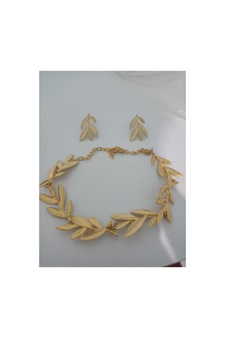 Lunarie Mat 14k Gold Zeytin Yaprağı Kolye Küpe Takı Seti Altın