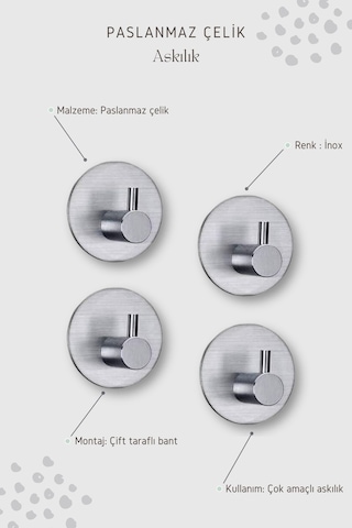 Zift Unique 4 Adet Paslanmaz Çelik Krom Banyo/Bornoz/Havlu Askısı Krom