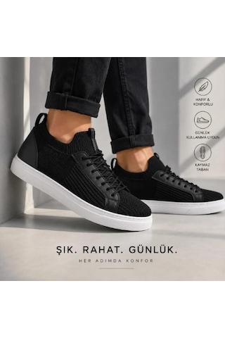 Genel Markalar Best Siyah Triko Erkek Sneaker - Yumuşak İç Tabanlı Nefes Alan Terletmez Rahat Günlük Spor Ayakkabı