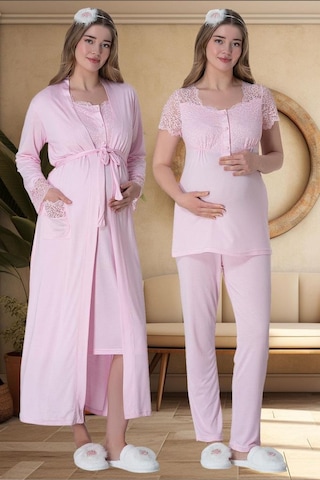 Mecit Pijama Mecit 6065 Kadın Hamile Lohusa Pembe Sabahlık Gecelik Pijama Set 001