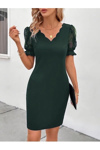 Efnaz Style Kadın Kısa Kollu Dantelli V Yakalı Yanlardan Büzgülü Çapraz Detaylı Ithal Krep Elbise Yeşil